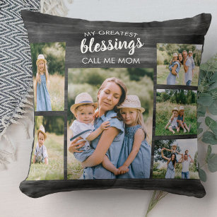 Greatest Blessings Call me Mom 6 Picture Grey Wood Throw Pillow