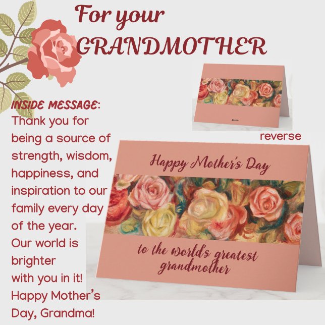 'Greatest Grandmother' Mother's Day Floral Roses Card (A beautiful floral roses Mother's Day card for your special grandmother! All text customizable.)