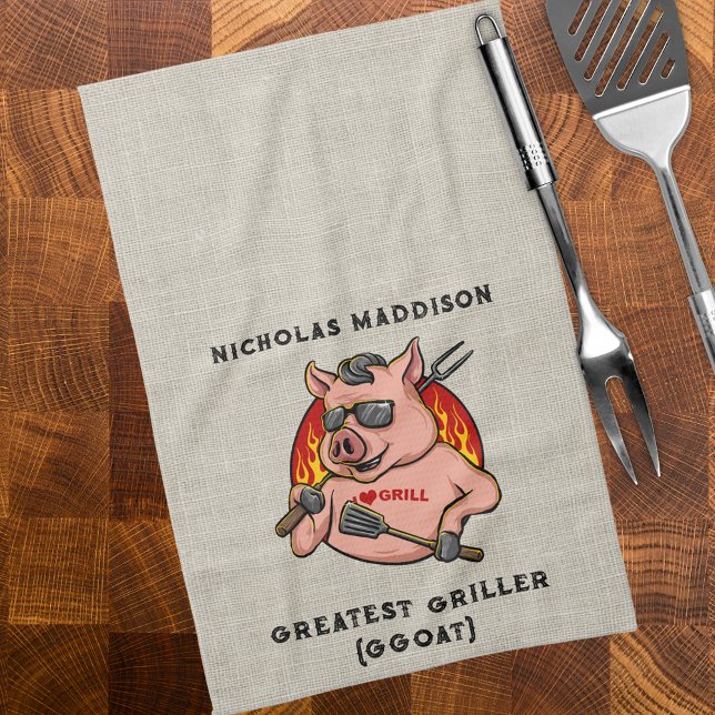 Greatest Griller Pig Mascot Personalized  Kitchen Towel (Creator Uploaded)