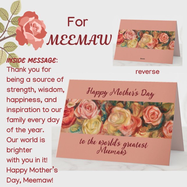 'Greatest Meemaw' Mother's Day Floral Roses Custom Card (A beautiful floral roses Mother's Day card for your special southern Meemaw (grandmother)! )