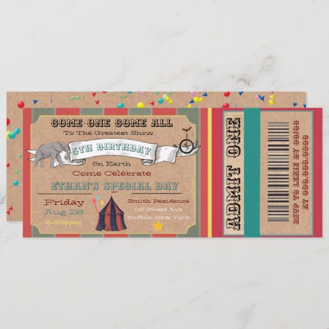 Greatest Show On Earth Circus Ticket Birthday Invitation (Front/Back)
