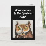 Greatest Son Happy Birthday Owl Brown Black Funny Card<br><div class="desc">Give an original watercolor painting card of a majestic owl to your son for a birthday celebration. "Whoooo is the greatest son?" He will smile at the funny verse on the inside. Birdwatchers will be delighted at the design showing realistic details painted in strong colors of brown and black. Fans...</div>