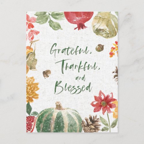 Greatful Thankful and Blessed Harvest Holiday Postcard