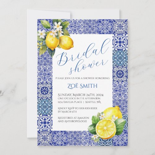 Grecian Blue and Lemon Bridal Shower Invitation