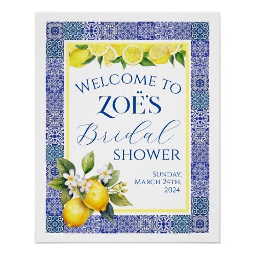 Grecian Blue  Lemon Bridal Shower Welcome Poster