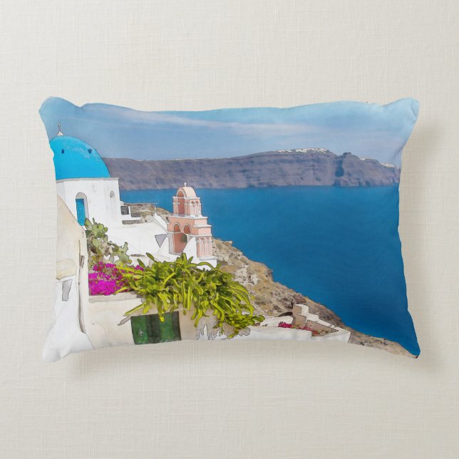 Grecian Paradise. Watercolor painting of Santorini Accent Pillow (Front)