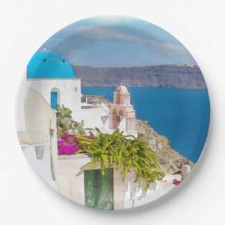 Grecian Paradise. Watercolor painting of Santorini Paper Plates