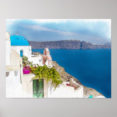 Grecian Paradise Watercolor painting of Santorini Poster