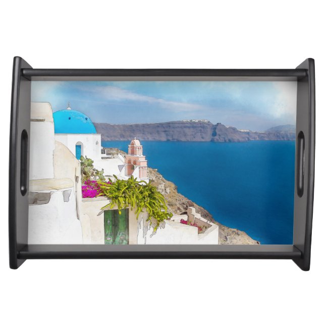 Grecian Paradise. Watercolor painting of Santorini Serving Tray (Front)