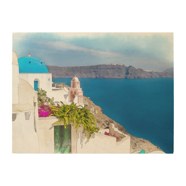 Grecian Paradise Watercolor Painting Of Santorini Wood Wall Art