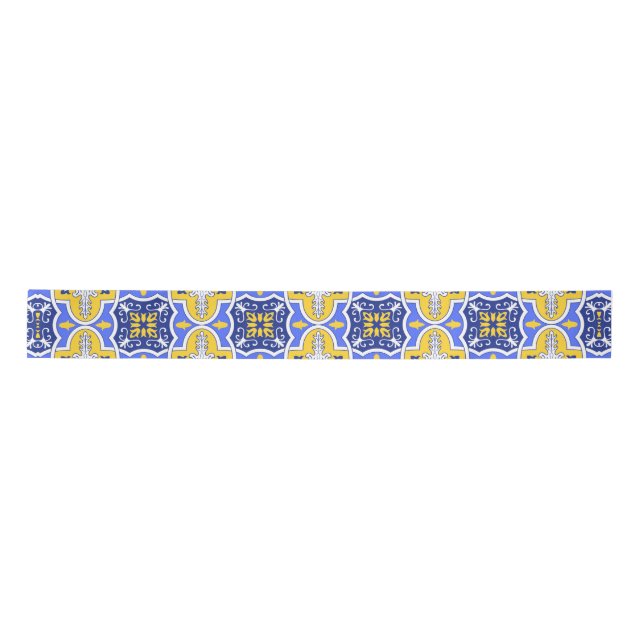 Grecian Portuguese Blue and yellow tiles azul Satin Ribbon (Front)