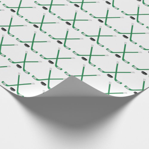 Gree Crossed Hockey Sticks and Puck Wrapping Paper