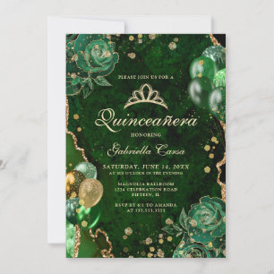 Gree Gold Floral Agate Photo Quinceanera Invitation