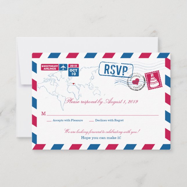 Greece Air Mail Wedding RSVP Card (Front)