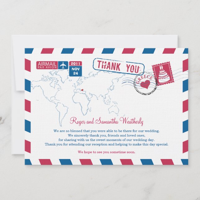 Greece Air Mail Wedding Thank You Invitation (Front)