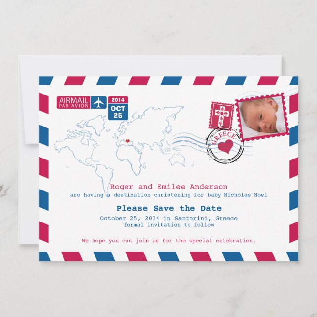 Greece Airmail Christening Baptism Save The Date (Front)