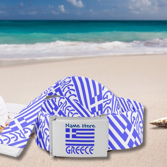 Greece and Greek Flag Blue Personalization  Belt (Belt shoes a tiled Greek flag with the word GREECE below. Buckle is personalized.)