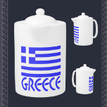 Greece and Greek Flag Teapot<br><div class="desc">The Greek Flag with the name or word "Greece" below in blue. Fun way for travelers to recall a trip,  vacation or holiday. Wonderful way to honor and show love and pride in your ancestry,  heritage and culture on Ohi Day,  family reunions or anytime.</div>