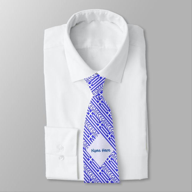 Greece and Greek Flag Tiled Blue Personalization  Neck Tie (Tied)