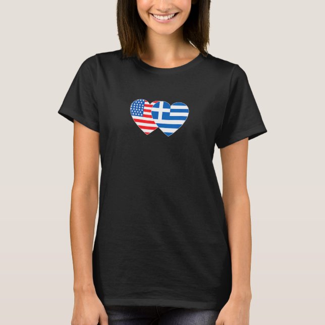 Greece and USA Flag Twin Heart for Greek Hellas Am T-Shirt (Front)