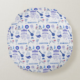 Greece Blue and White Round Pillow