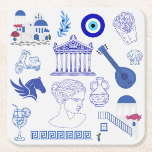 Greece Blue and White Square Paper Coaster