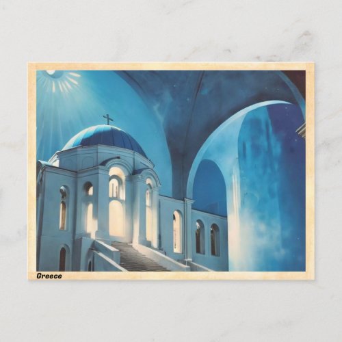 Greece Blue Dome Church Vintage Postcard