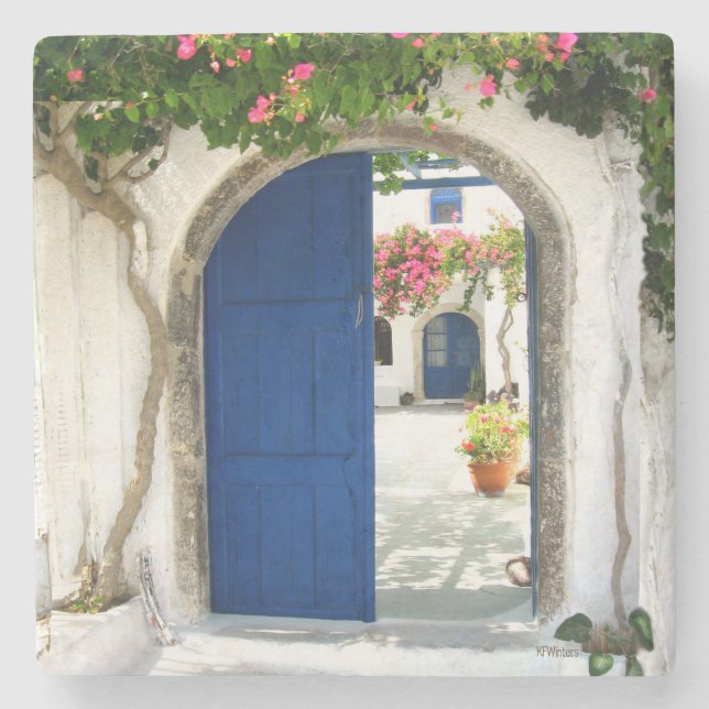 Greece Blue Door Series 1 Stone Coaster (Front)
