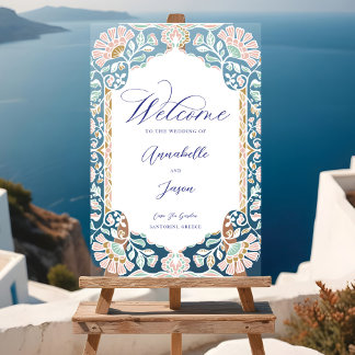 Greece Blue Floral Ornate Frame Wedding Welcome Acrylic Sign