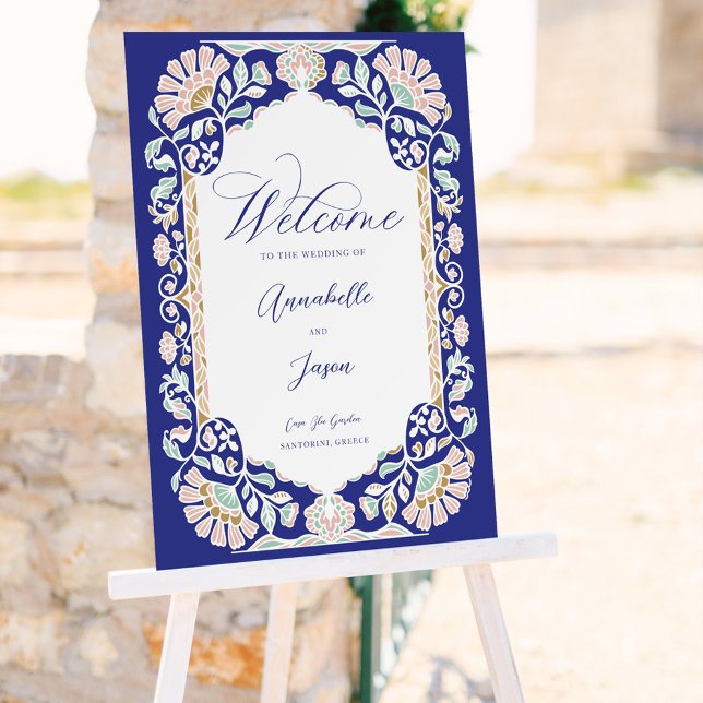 Greece Blue Floral Ornate Frame Wedding Welcome Foam Board (Greece Blue Floral Ornate Frame Wedding Welcome Foam Board)