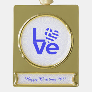 Greece Blue LOVE Heart Flag Personalized Gold Plated Banner Ornament