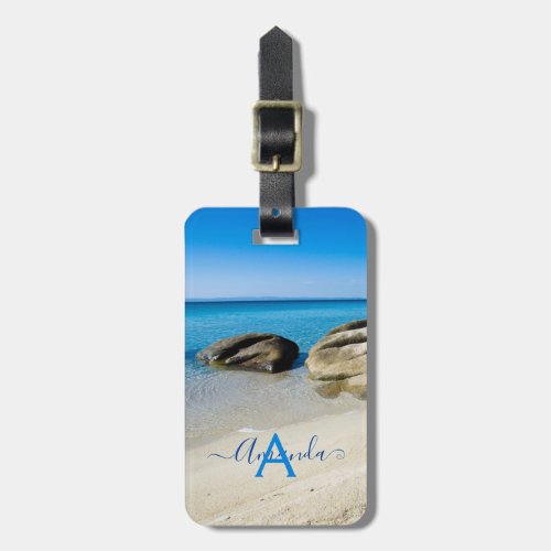 Greece blue ocean  sandy beach photo custom name luggage tag