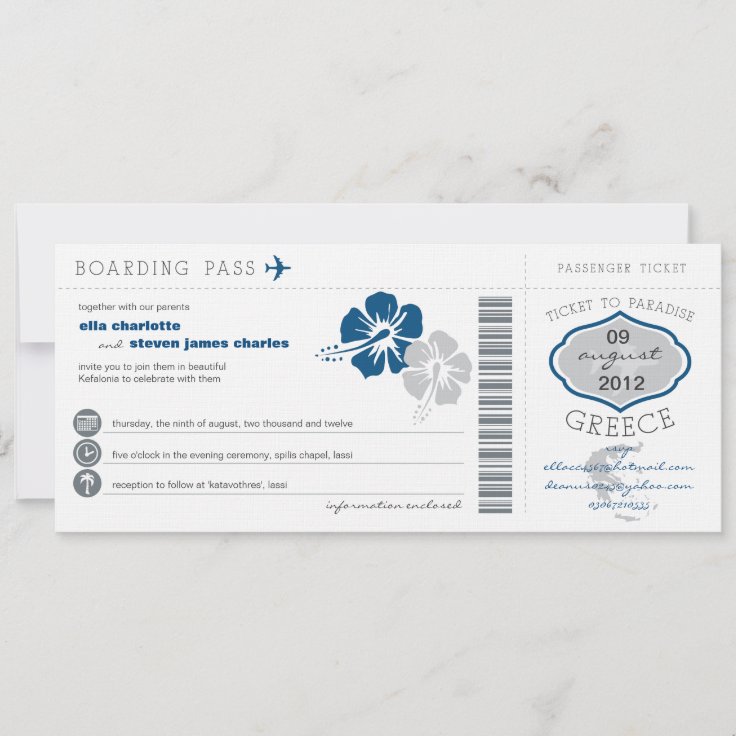 Greece Boarding Pass Wedding Invitation | Zazzle