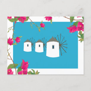 Greece Bougainvillea Greek Island Windmills Holiday Postcard