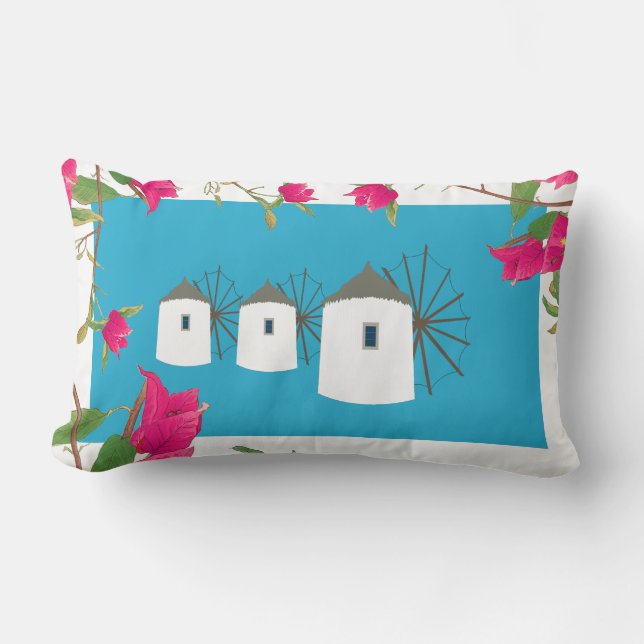 Greece Bougainvillea Greek Island Windmills Lumbar Pillow (Front)