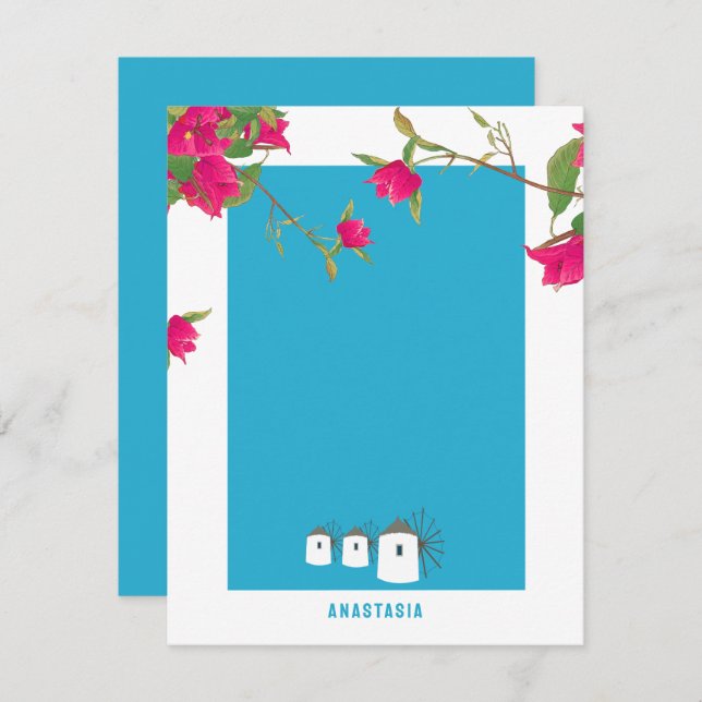 Greece Bougainvillea Greek Island Windmills Name Note Card (Front/Back)