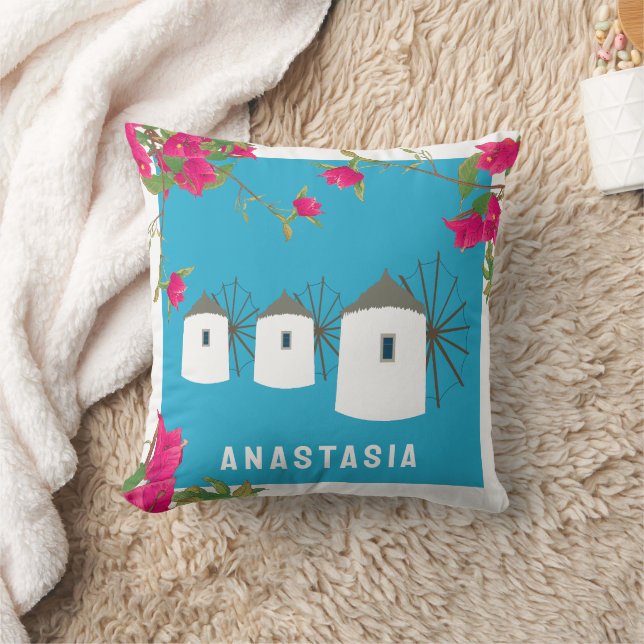 Greece Bougainvillea Greek Island Windmills Name Throw Pillow (Blanket)