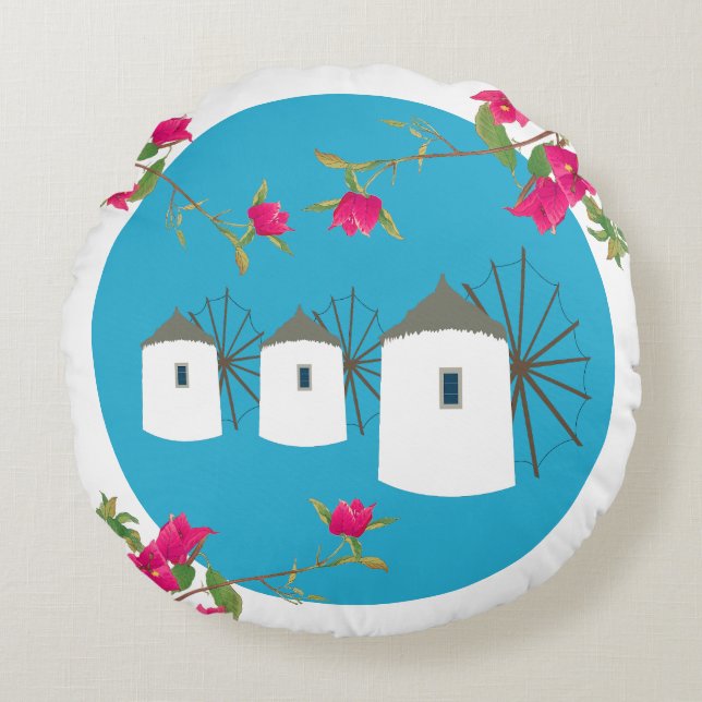 Greece Bougainvillea Greek Island Windmills Round Pillow (Front)