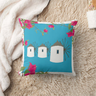 Greece Bougainvillea Greek Island Windmills Throw Pillow