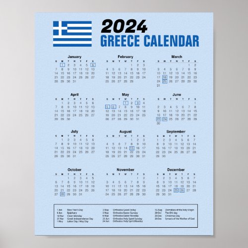 Greece Calendar with Greek Holidays 2024 Download Poster