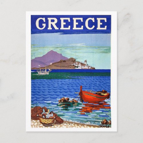 Greece coast fishing boat in the water vintage postcard