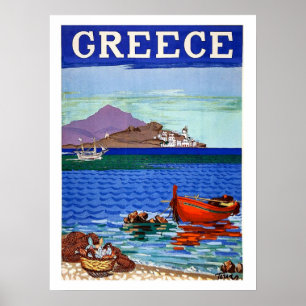Greece, coast, fishing boat in the water, vintage poster