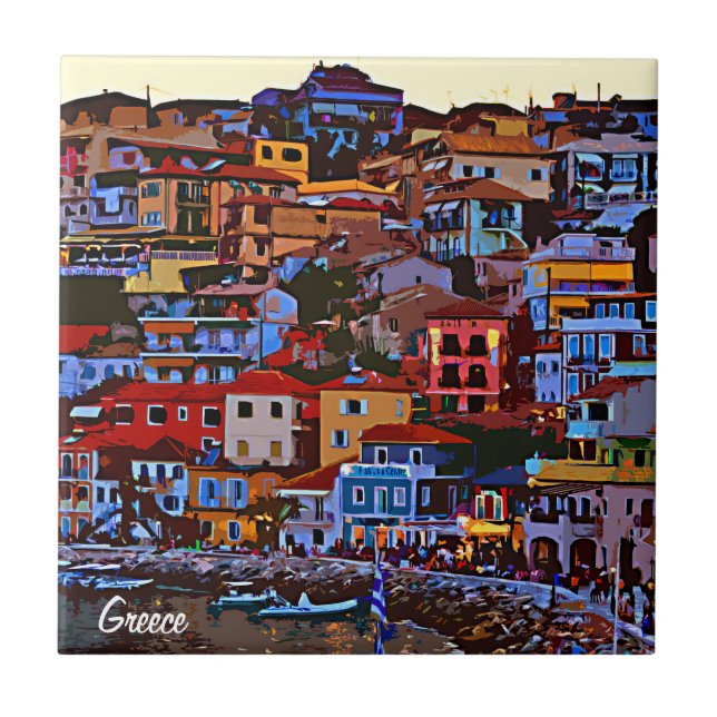Greece colorful building beach tile (Front)