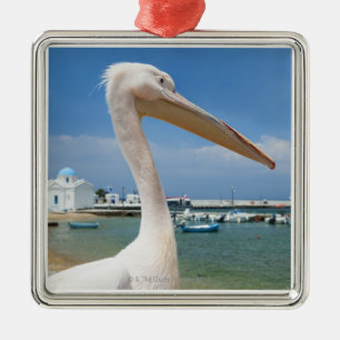 Greece, Cyclades Islands, Mykonos, Pelican on Metal Ornament