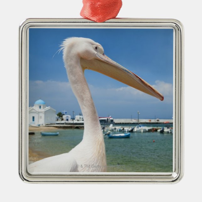 Greece, Cyclades Islands, Mykonos, Pelican on Metal Ornament (Front)