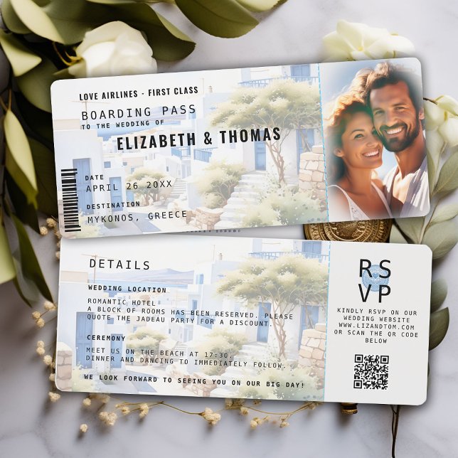 Greece Destination Boarding Pass Photo Wedding Invitation (destination wedding invitation mykonos greek islands boarding pass photo white blue photo elegant )