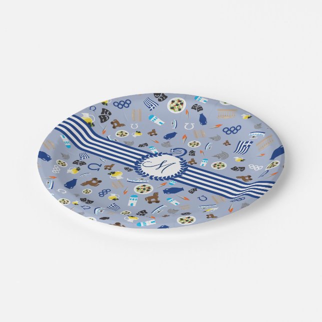 Greece: famous items of the country paper plates (Angled)