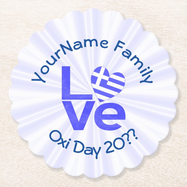 Greece Flag Heart Blue LOVE Personalized  Paper Coaster (Front)
