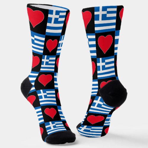 Greece Flag Heart Pattern Fun Greek Pride Socks