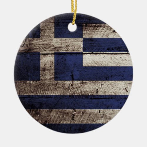 Greece Flag on Old Wood Grain Ceramic Ornament